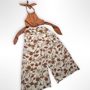 Boutique, Cotton Rust & Cream, Wide Leg,  Cutout Floral Jumpsuit, sz L, Vacation